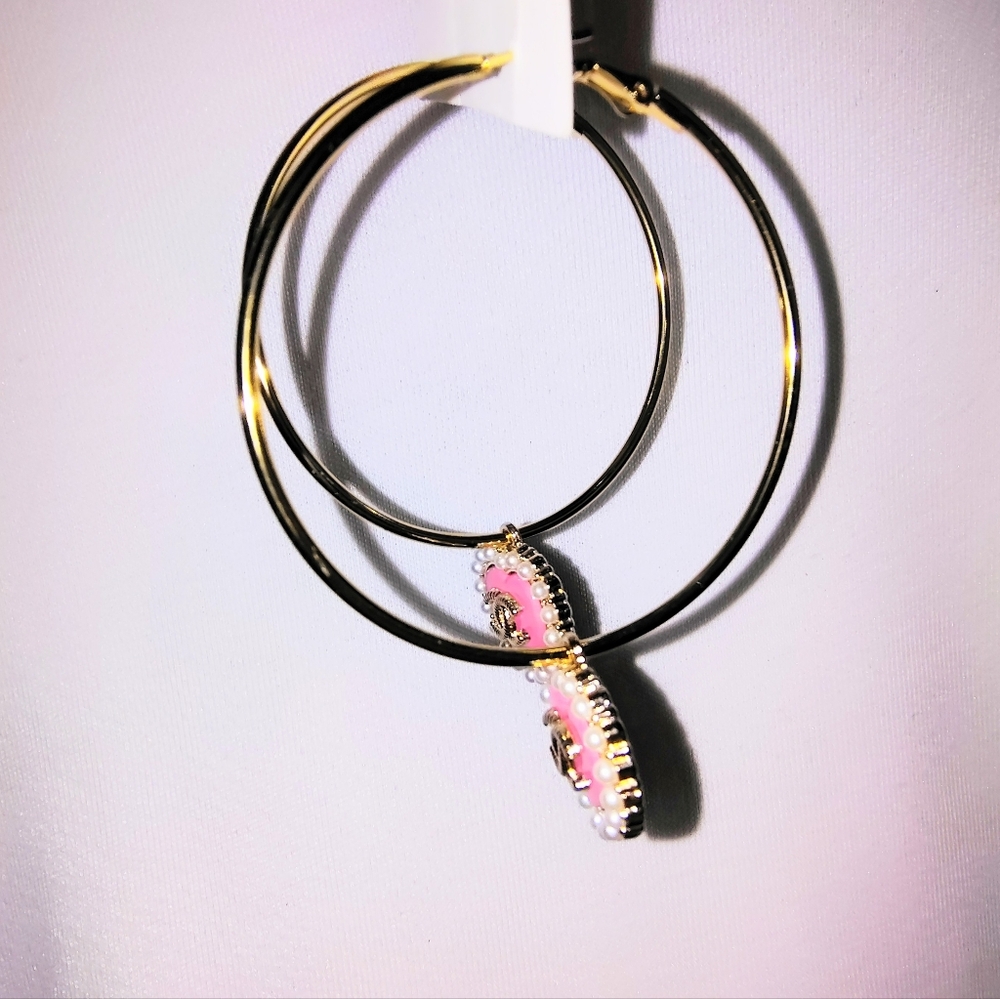 Chanel Pink Pearl Heart Zipper Pull Pendants/14k Gold Plated Hoops - Picture 3 of 7